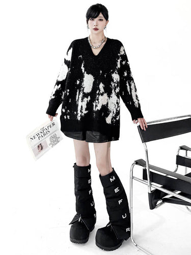 1720204 Long Sleeves Loose Abstract Printed Contrast Color Ribs Split-Joint V-Neck Sweater Tops