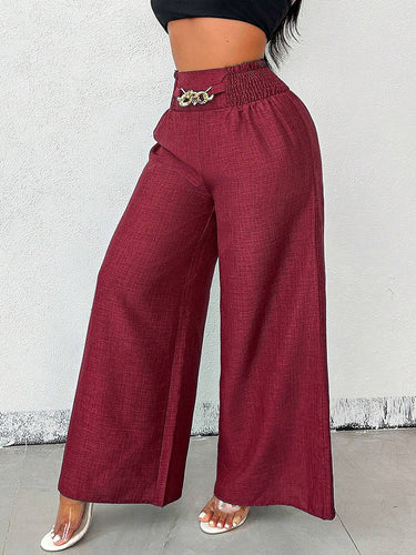 1780377 High Waisted Loose Elasticity Solid Color Pants Trousers