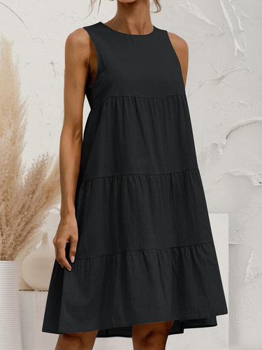 1773591 A-Line Loose Pleated Solid Color Tiered Round-Neck Mini Dresses