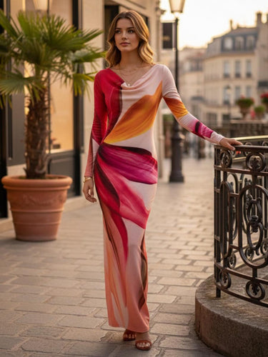 1756686 Bodycon Long Sleeves Contrast Color Pleated Printed Split-Joint Heaps Collar Maxi Dresses