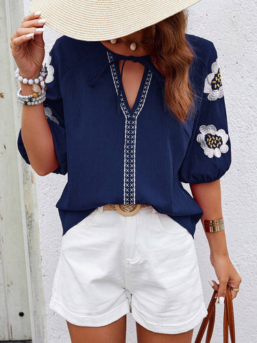 1780447 Half Sleeves Loose Contrast Color Embroidered Tied V-Neck Blouses&Shirts Tops