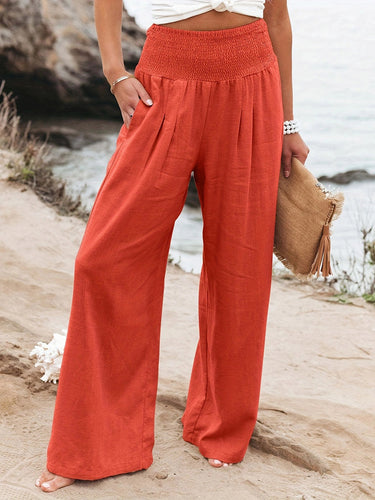 Elasticated Waist High Waisted Pleated Pockets Solid Color Split-Joint Pants