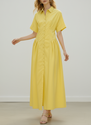 Lose kurze Ärmel geknöpfte, plissierte Feste Farbe Lteschhalter Midi Kleider Hemdkleid Kleid