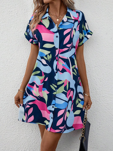 1780309 Short Sleeves Buttoned Contrast Color Printed Lapel Mini Dresses Shirt Dress