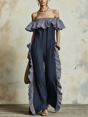 1786040 High Waisted Loose Contrast Color Plaid Pockets Ruffled Off-The-Shoulder Jumpsuits