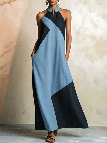 1785060 A-Line Loose Contrast Color Pockets Split-Joint Zipper Halter-Neck Maxi Dresses