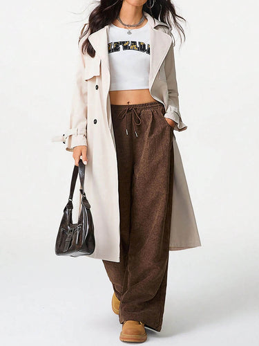 1734588 High Waisted Wide Leg Drawstring Elasticity Pockets Solid Color Pants Trousers