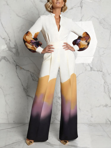 1742713 Long Sleeves Puff Sleeves Abstract Printed Contrast Color Split-Joint Stand Collar Blouses&Shirts Tops