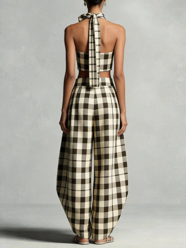 1782831 Contrast Color Plaid Printed Tied Stand Collar Cropped Blouses&Shirts Tops + Pleated Pockets High Waisted Pants Trousers Two Pieces Set
