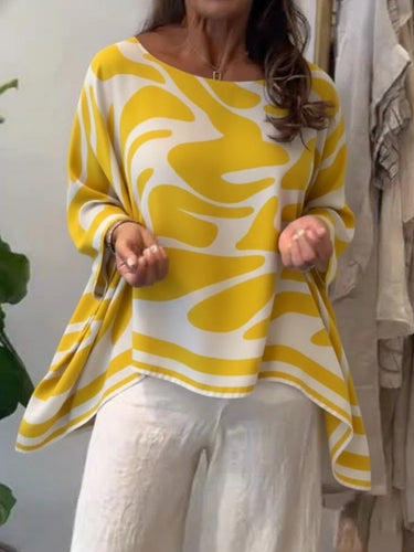 1786384 High-Low Irregularity Contrast Color Printed Round-Neck Blouses&Shirts Tops