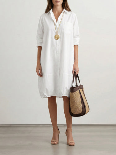 Long Sleeves Loose Solid Color Lapel Collar Midi Dresses Shirt Dress
