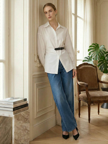 1750813 Long Sleeves Loose Belted Buttoned Contrast Color Split-Joint Lapel Blouses&Shirts Tops
