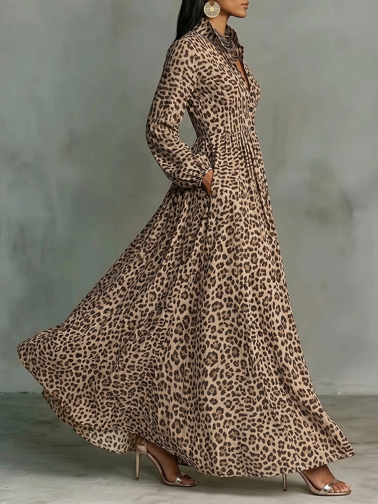 Leopard Print Buttoned Lapel Maxi Dress Uoozee official Leopard Print Buttoned Lapel Maxi Dress Uoozee official