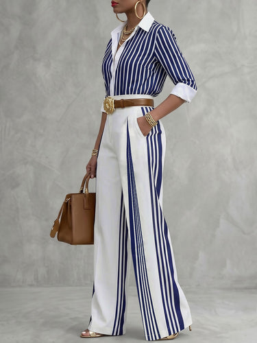 High Waisted Wide Leg Contrast Color No Belt Pockets Pants Trousers
