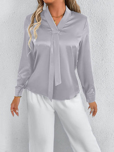 1729004 Long Sleeves Loose Solid Color Split-Joint Streamer Scarf Collar Blouses&Shirts Tops