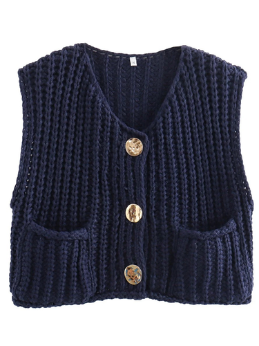 1783580 Sleeveless Buttoned Pockets Solid Color Cardigan Tops Knit Top