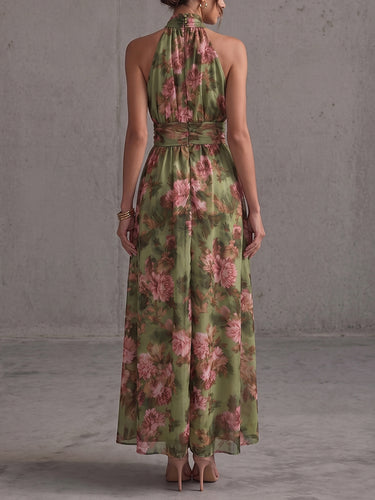 1785913 High Waisted Sleeveless Buttoned Flower Print Pleated Halter-Neck Maxi Dresses