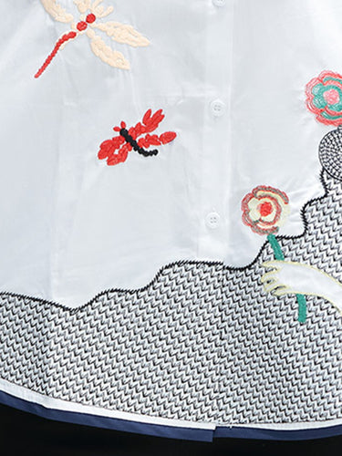 1421363 High-Low Loose Contrast Color Embroidered Printed Blouses&Shirts Tops