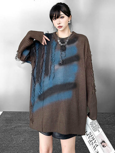 1720226 Irregularity Long Sleeves Abstract Printed Asymmetric Contrast Color Split-Joint Tasseled Round-Neck Sweater Tops