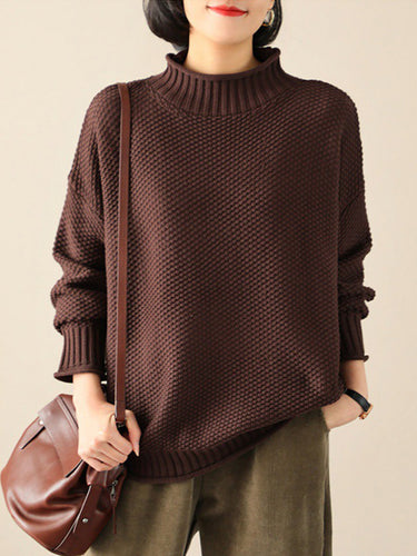 Tops di maglione a collo alto di colore massiccio sciolto casual
