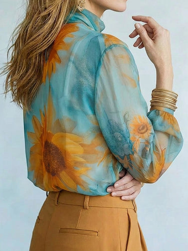 1781353 Long Sleeves Loose Contrast Color Flower Print See-Through Mock Neck Blouses&Shirts Tops