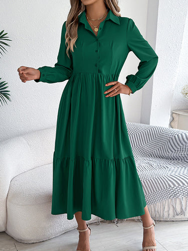 1713659 High Waisted Long Sleeves Pleated Ruffled Solid Color Lapel Midi Dresses Shirt Dress