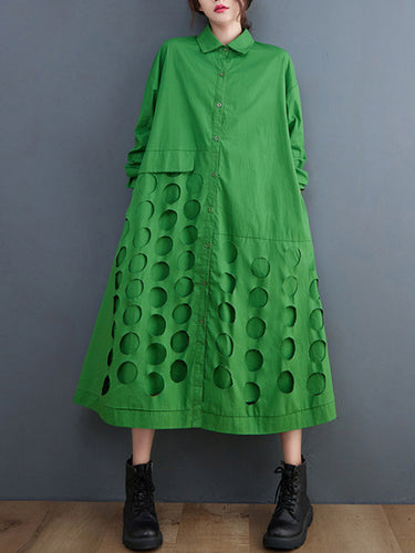 A-Line Long-Sleeves非対称ホローPolka-Dot Solid Color Lapel Midi Dresses