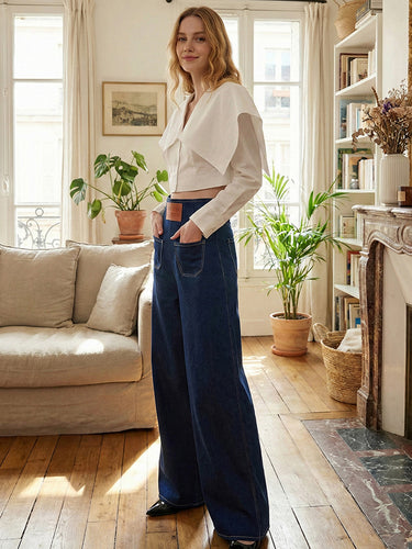 High Waisted Loose Elasticity Pockets Solid Color Zipper Jean Pants Bottoms