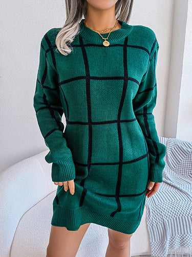 1713404 Elasticated Waist Long Sleeves Belted Contrast Color Plaid Round-Neck Mini Dresses Sweater Dresses