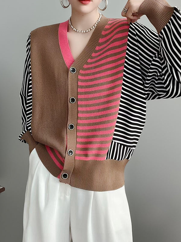 Casual Striped Split Joint  Contrast O Neck Tops