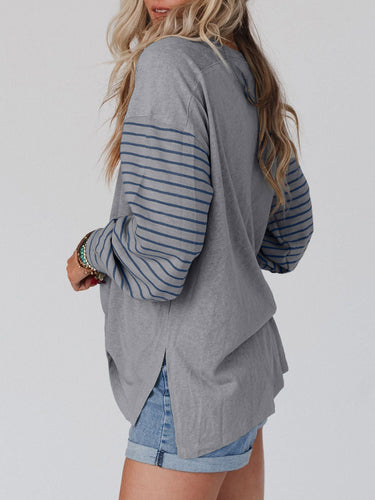 1747756 Long Sleeves Loose Contrast Color Split-Joint Striped Round-Neck Blouses&Shirts Tops