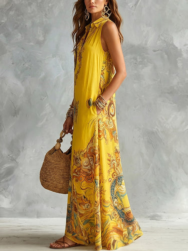 1779140 A-Line Loose Buttoned Contrast Color Pockets Printed Zipper Lapel Maxi Dresses Shirt Dress
