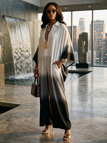 1759133 Batwing Sleeves Long Sleeves Contrast Color Split-Joint Lapel Jumpsuits