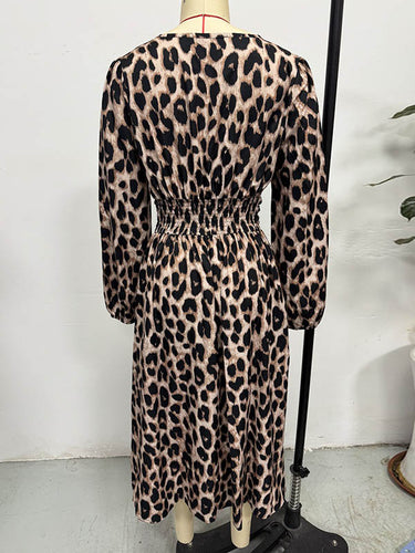 1728911 Elasticated Waist High Waisted Contrast Color Leopard Pleated Split-Joint V-Neck Maxi Dresses