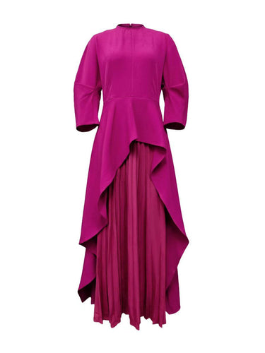 Mangas compridas soltas plissadas plissadas de cor sólida de junta dividida Vestidos maxi de pescoço redondo em camadas