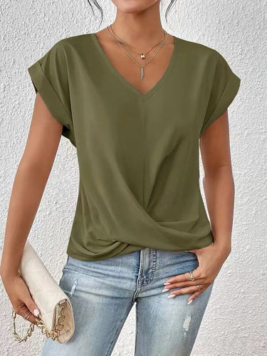 1768325 Lockere, kurze Ärmel, plissierte, einfarbige T-Shirts mit V-Ausschnitt