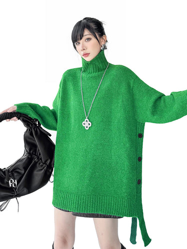 1734787 Irregularity Long Sleeves Buttoned Ribs Solid Color Split-Joint High Neck Sweater Tops