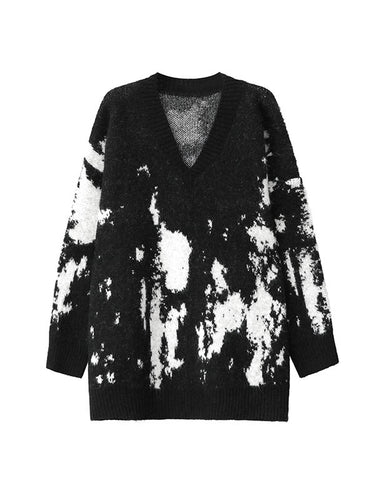 1720202 Long Sleeves Loose Abstract Printed Contrast Color Ribs Split-Joint V-Neck Sweater Tops