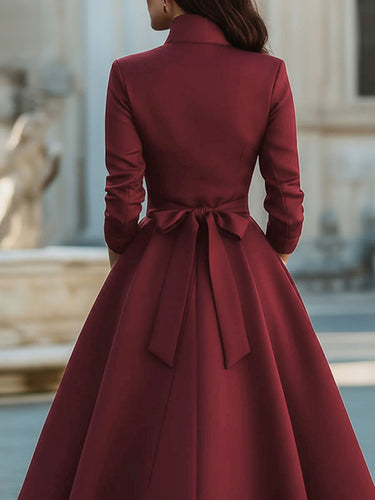 A-Line High Waisted Buttoned Pockets Solid Color Split-Joint Stand Collar Midi Dresses