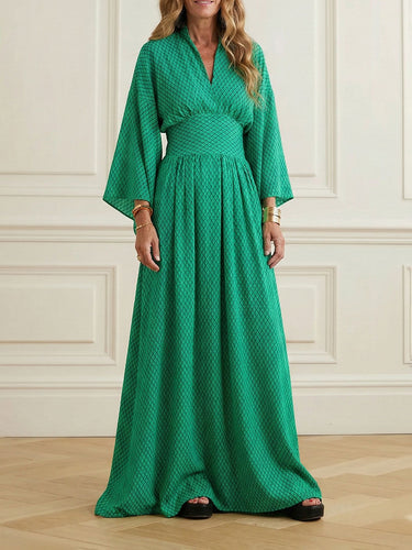 Raglan Sleeve Pleated Split-Joint V-Neck Maxi Dresses