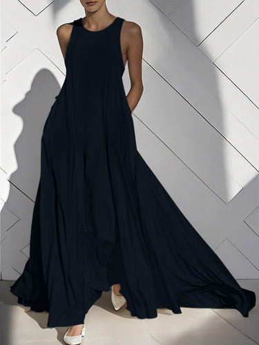 1668542 Loose Sleeveless Pockets Solid Color Split-Joint Round-Neck Maxi Dresses