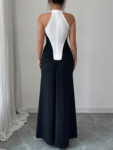 1766126 Robes longues taille haute sans manches boutonnées de couleur contrastée plissées à joint fendu et col licou