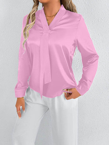 1728946 Long Sleeves Loose Solid Color Split-Joint Streamer Scarf Collar Blouses&Shirts Tops