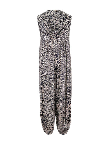 Hoog getailleerde losse contrasterende kleur luipaard geplooide zakken Split-joint ritssluiting Enkelbandjes met capuchon Jumpsuits