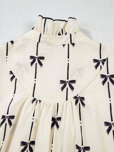 1729433 A-Line Loose Bowknot Contrast Color Printed Split-Joint Stand Collar Midi Dresses