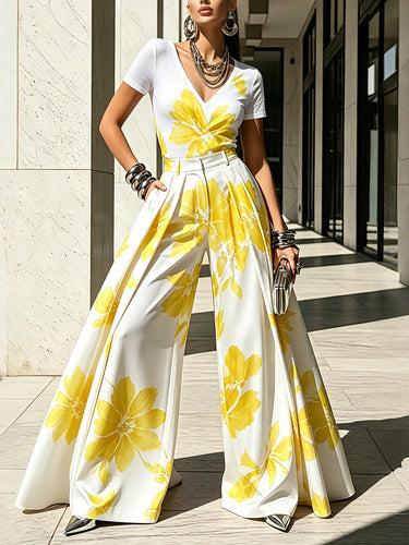 1772842 High Waisted Wide Leg Flower Print Pleated Pockets Pants Trousers