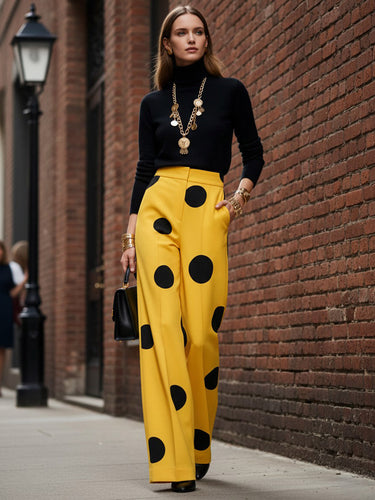 Elasticated Waist High Waisted Contrast Color Pockets Polka-Dot Split-Joint Pants