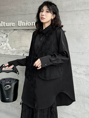 1726303 Solid Color Split-Joint Asymmetric Drawstring Flower Print   False Two Lapel Buttoned Pockets Blouses&Shirts Tops + Elasticated Waist Double Layered Skirts Bottoms Two Pieces Set