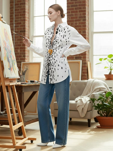 Blusas y camisas de manga larga con broche suelto, elasticidad, forma de corazón, estampado plisado, cuello de solapa 