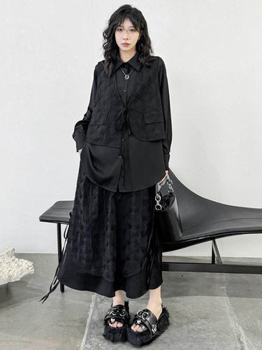 1726276 Solid Color Split-Joint Asymmetric Drawstring Flower Print   False Two Lapel Buttoned Pockets Blouses&Shirts Tops + Elasticated Waist Double Layered Skirts Bottoms Two Pieces Set